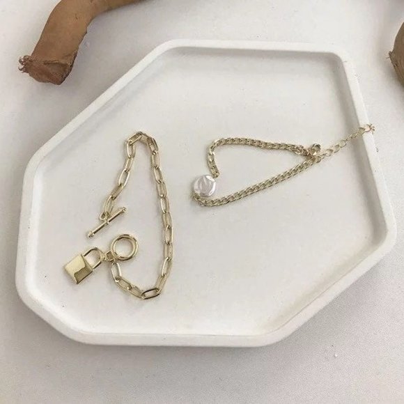 Set of 2 pearl chain Link Gold bracelet - Picture 2 of 2